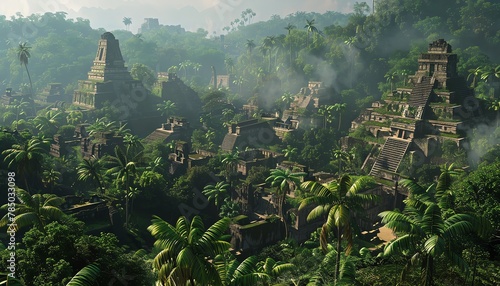 Bring to life the ancient Mayan civilization with a wide-angle view in a CG 3D rendering animation style, highlighting intricate temples and lush jungles