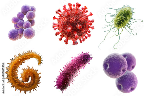 set bacteries with chlamydia, streptococcus, staphylococcus, spirochetes, proteus, coronavirus is isolated on a transparent background. Microbiology, the study of microorganisms, infections, bacteria