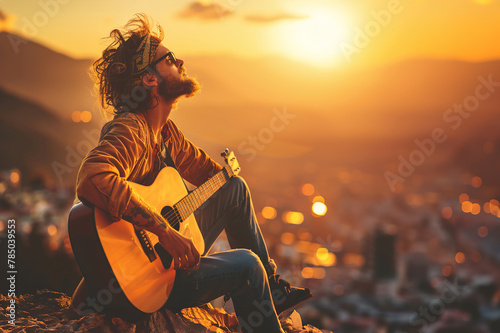 A man practicing guitar on a balcony overlooking the city skyline.