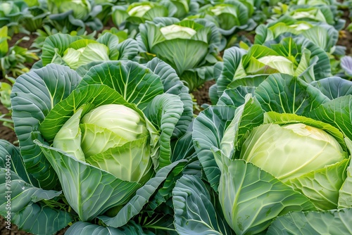 Cabbage growing in the vegetable garden. White cabbages in the field. Agriculture. Organic farm background. Green cabbage in the garden bed. Farmland. Cabbage heads. Harvest. Coleslaw ingredient. Leaf