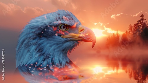 Double exposure effect of north american bald eagle on american flag with sunset background