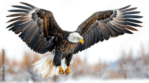 The magnificent North American Bald Eagle, a symbol of strength and freedom, soaring majestically with its distinctive white head and impressive wingspan across the sky.