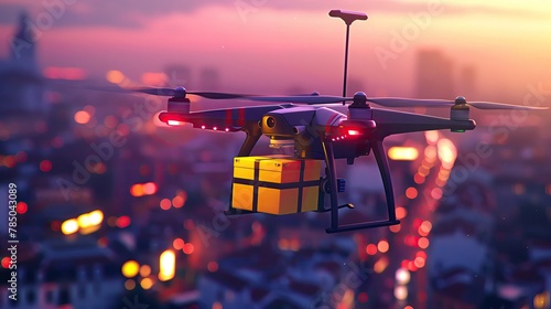 Drone delivering packages in urban area, twilight backdrop, aerial view, vivid colors