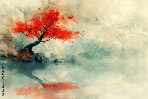 A watercolor painting of a lonely red tree on a foggy lake.