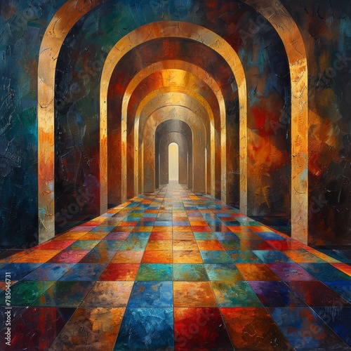 colorful surreal painting of a long hallway with arches