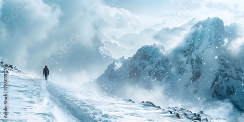 Lone Wanderer Braving the Elements on a Snow Covered Mountain Pass Evading Pursuit in the Harsh Unforgiving Wilderness
