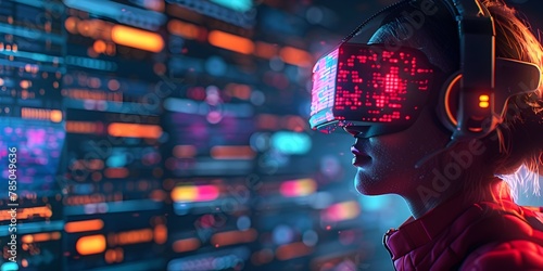 Person Wearing VR Headset Surrounded by Digital Security Screens and Firewall Software in Futuristic Virtual Environment