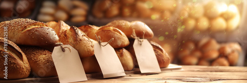 Golden hour light enhances the texture of an assortment of artisan breads with tags, ready for sale