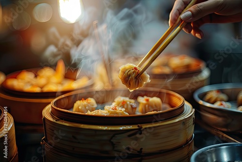 human hand using chopstick picking up tradition chinese food dim sum