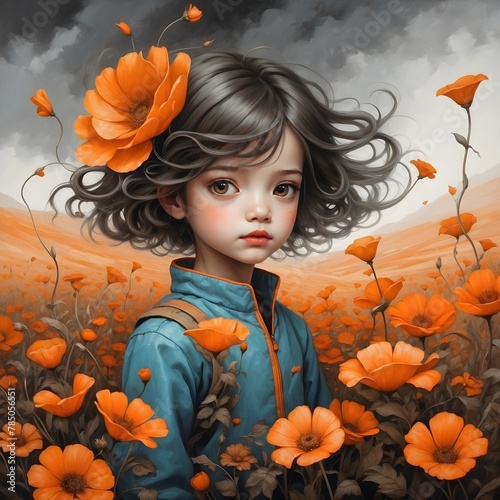 Fantasie in schwarz-weiß und orange - Mädchen im Blumenfeld
