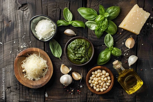 The ingredients for homemade pesto sauce basil, parmesan cheese ,garlic, olive oil , pine nut ,peppercorn and himalayan salt on shabby wooden background with flat lay