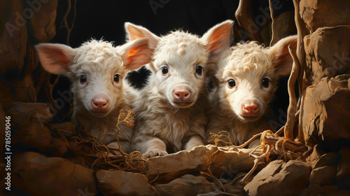 Tiny piglets snuggling together for warmth in a rustic barn, their oinking sounds and cozy nest creating a heartwarming image of farm life.