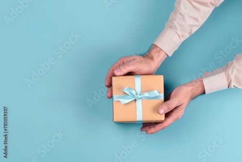 Male hands holding a gift box with a blue ribbon over a blue background.