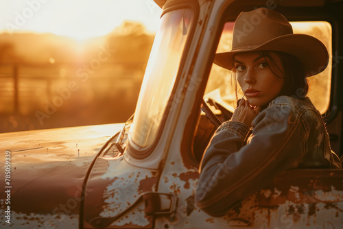 Contemplative cowgirl in vintage truck at sunset, embracing the golden hour