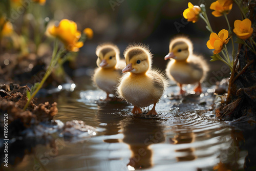Tiny ducklings waddling through a garden pond, their adorable interactions with nature beautifully documented in HD.