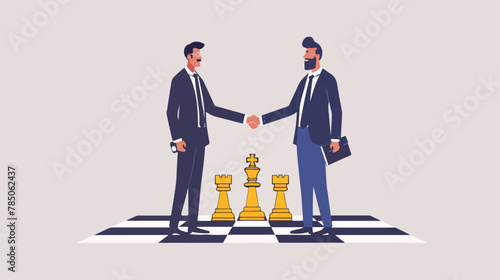 Businessmen firmly shaking hands standing on giant 