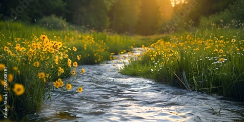 Meandering Stream Through Lush Meadow Filled with Vibrant Wildflowers under Warm Sunlight