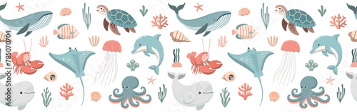 Childish seamless border pattern with underwater animals, corals and seaweed. Perfect for kids fabric, wallpaper, wrapping paper. Isolated on white background