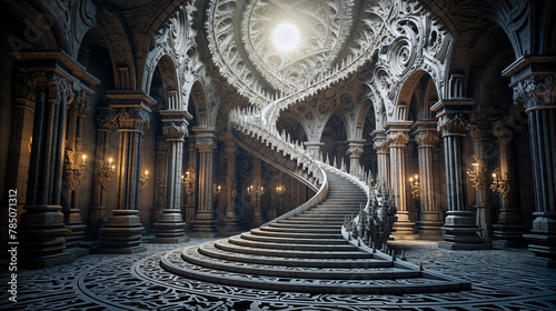 Majestic Gothic Interior with Grand Spiral Staircase and Ethereal Light Illumination