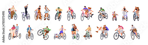 Happy people riding bicycles set. Active cyclists on bikes. Young excited smiling bicyclists cycling. Men, women and kids in helmets, pedaling. Flat vector illustration isolated on white background