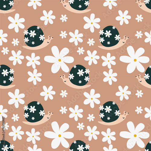 Cute snail and Flower vector ilustration seamless patern.Great for textile,fabric,wrapping paper,and any print