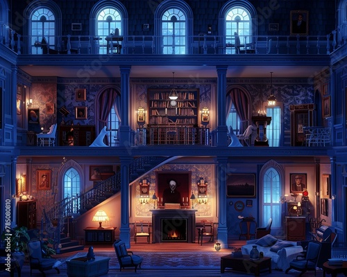 A haunted mansion where each room reveals a different era of history, its ghostly inhabitants reenacting tales of love, betrayal, and mystery, 