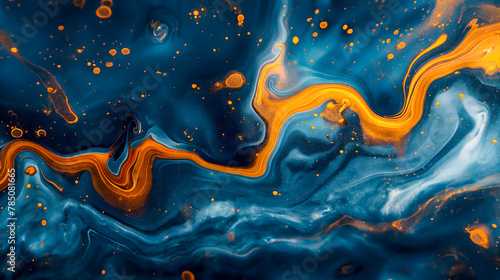 Abstract background of acrylic paint in blue and orange colors. Liquid marble texture