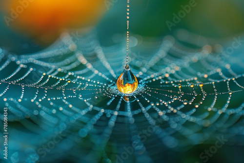 A close-up showing a single dewdrop on a spider web about to fall, suspended in time and reflecting