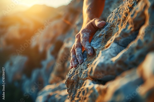 Close-up of a climber's hand gripping a rocky surface, with sunset light highlighting the texture, AI generated.