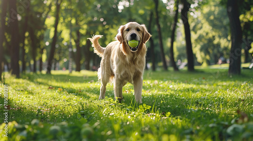 Golden retriever with a ball in his mouth in the park
