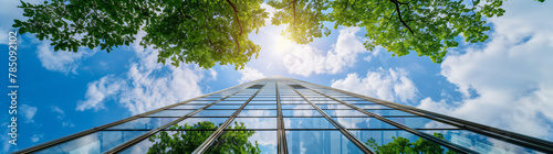 Modern Skyscraper Kissed by Sunlight Through Verdant Foliage.