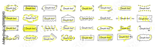 Set of frames for text in hand drawn style. The effect of a yellow marker or highlighter. Vector text boxes of various shapes isolated on white background