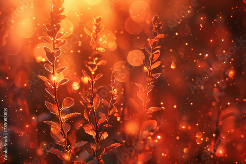 Vibrant plants close-up glowing in fiery sunset or sunrise light