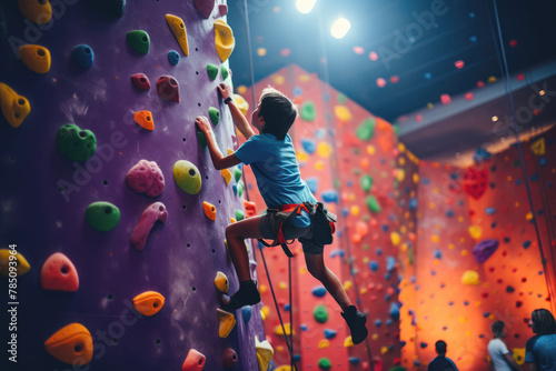 A young boy eagerly tackling a climbing wall at the gym, mastering the art of bouldering with determination.