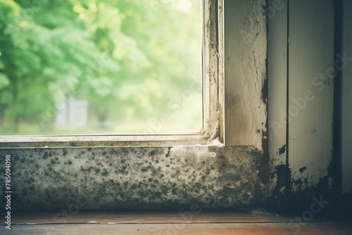 Close-up of a damp corner window sill, with black mold and fungus growth, highlighting the need for renovation and improved sanitation in the old house interior.