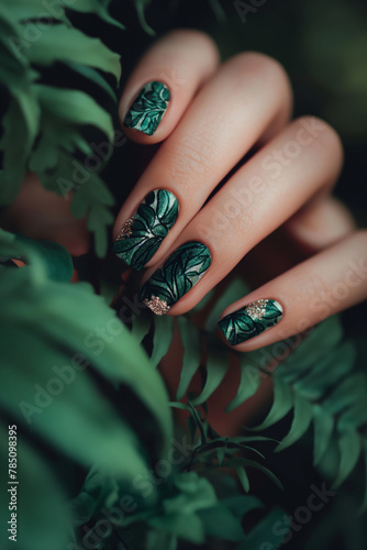 Close-up of green leafy nail art design