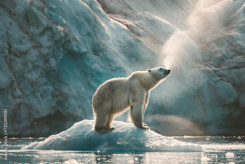 A polar bear floating on a block of broken ice isolated in the sea due to climate change and global warming