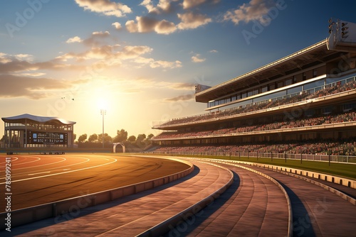 Horse racing on the track at sunset, in Shenzhen, China.