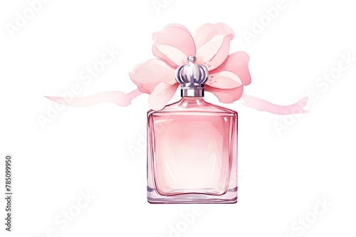 Perfume bottle with pink flower. Hand drawn watercolor illustration