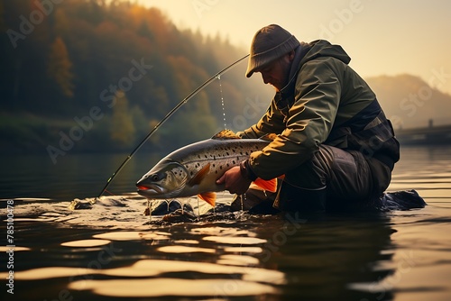 Fisherman with a freshly caught trout on a river bank.