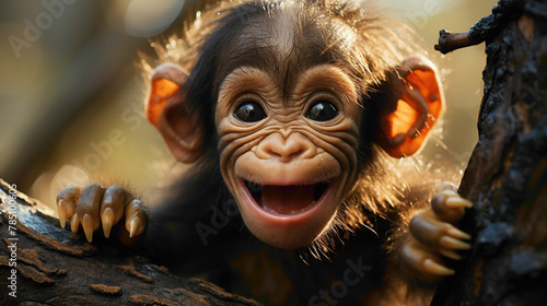 Playful baby chimpanzees swinging from tree branches, their mischievous antics and expressive faces showcasing the adorable side of primate life.