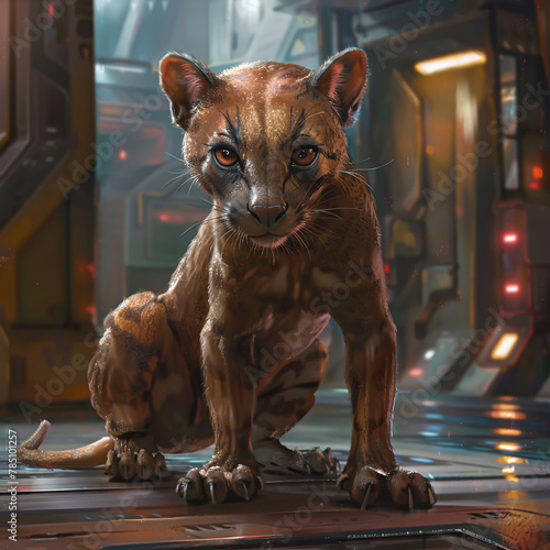 A fossa with a sleek cyberenhanced body, prowling the metallic urban jungle with an energy blade tail