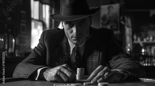 A monochrome portrait of a dealer, their expression one of cold indifference to the faded souls around the felt table