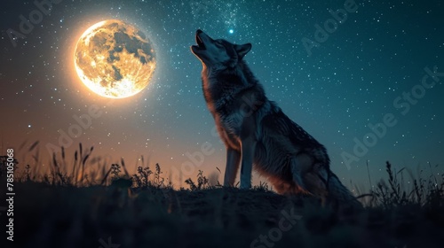 A solitary wolf howls at the moon its silhouette a symbol of wildness and freedom against the backdrop of a star-studded night sky.