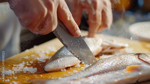 A chef is preparing a fish for cooking.
