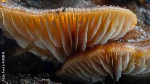 Fungi underbelly, macro, close-up, hidden world, gills and spores, damp earth