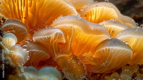 Fungi underbelly, macro, close-up, hidden world, gills and spores, damp earth 