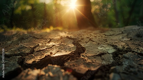 Dry season, cracked earth, close-up, eye-level view, forest endurance, harsh midday sun 