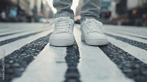 A person wearing white sneakers is standing in the middle of a crosswalk.