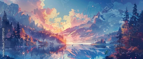 A breathtaking landscape painting of an alpine lake surrounded by towering mountains, with vibrant trees and a fiery sunset sky in the background.